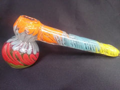7"  Glass Hammer Bubbler - Inside-Out, Striped Orange-Blue-Red-Yellow-Green